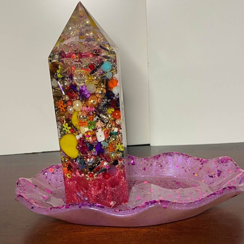Colorful Resin Art Crystal with Pink Tray- Handmade